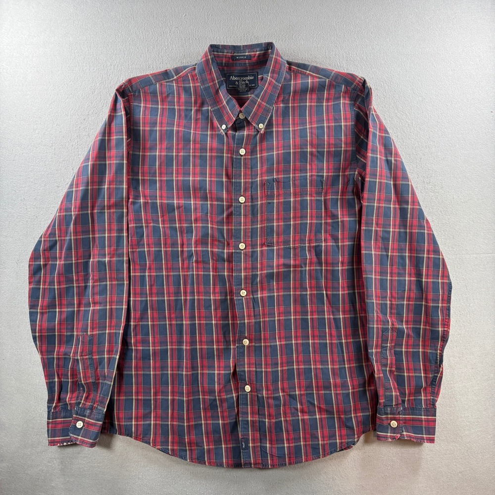 Vintage Abercrombie & Fitch Button Up Shirt Men Large Blue Red Plaid Muscle 90s
